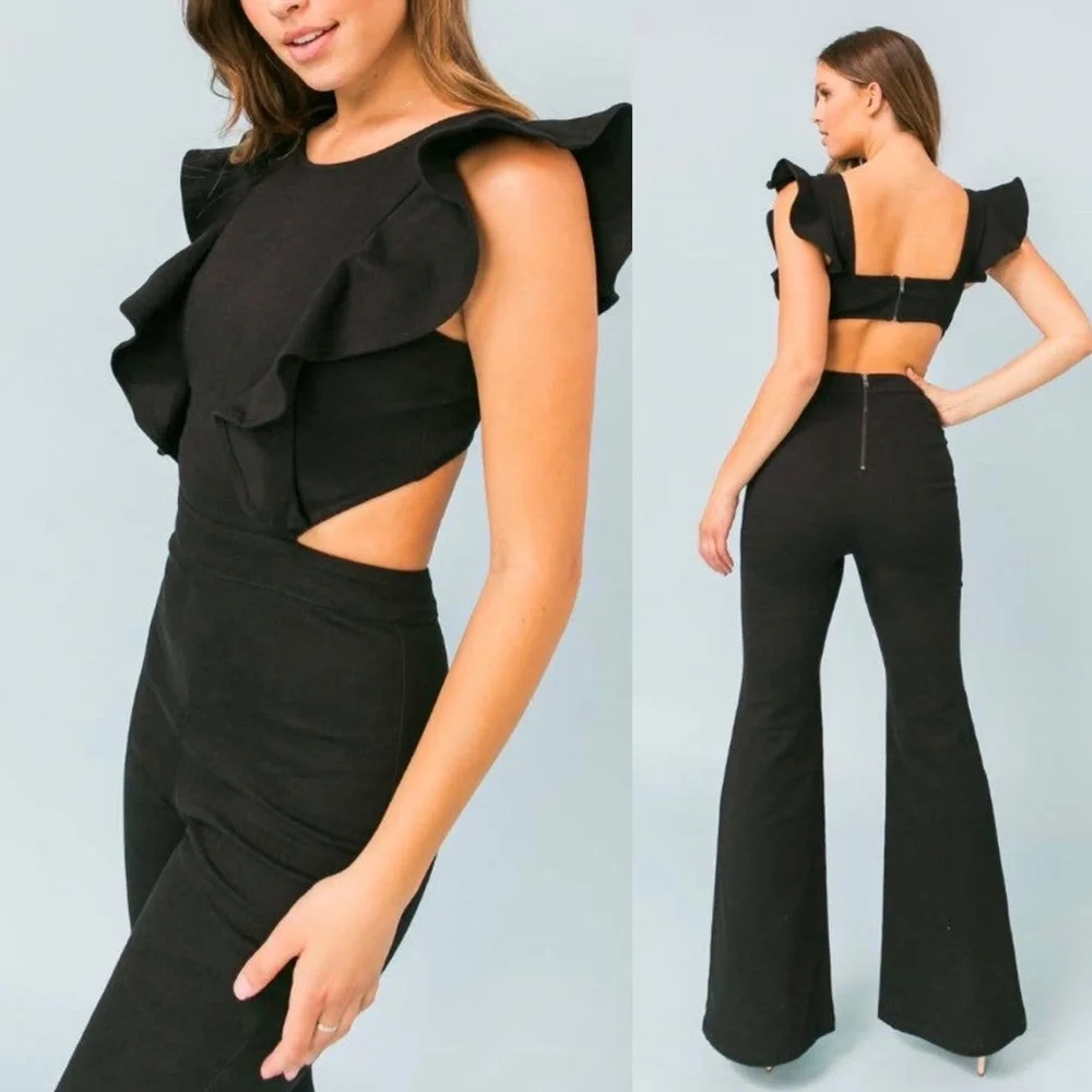 Ruffle Stretch Denim Jumpsuit NWT - Picture 2 of 4